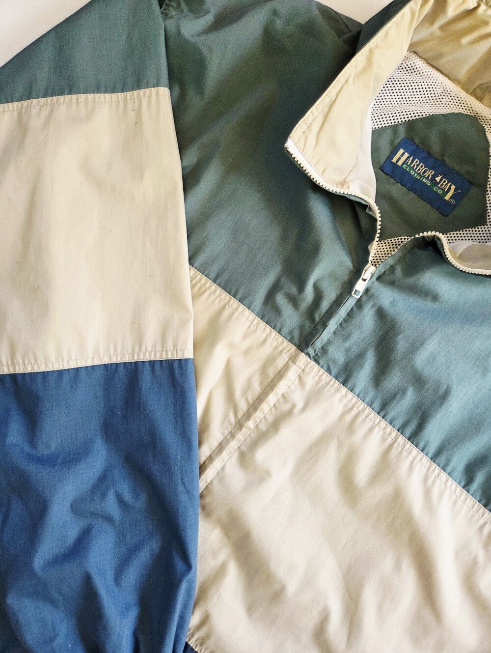 Vintage Harbor Bay Clothing Co. Colorblock Windbreaker – Teal, Cream & Blue 3XL